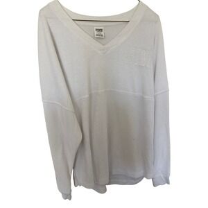 PINK Victoria's Secret White V Neck Long Sleeve Pullover Top - M